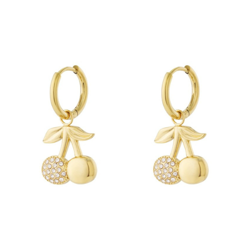 Cherry Deluxe Oorbellen in goud – elegante stainless steel kersenoorbellen met glinsterende zirkonia steentjes