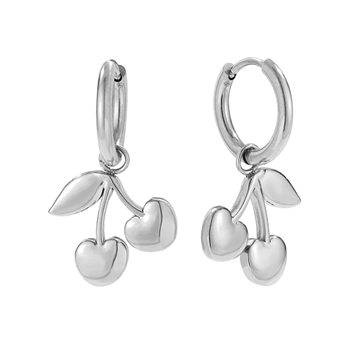 Zilverkleurige cherry oorbellen met kersenbedel – minimalistische dames oorringen in fruitvorm