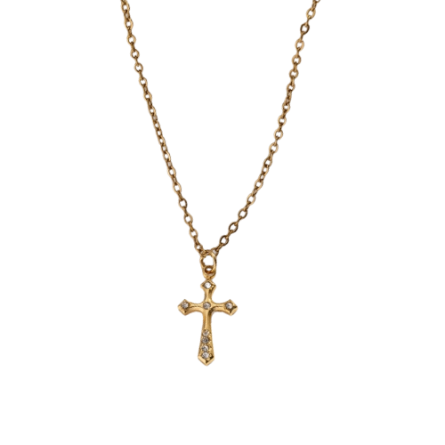 Goudkleurige ketting met kleine subtiele kruishanger ingelegd met zirkonia steentjes – elegante stainless steel damesketting