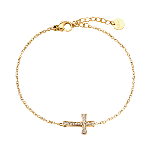 Goudkleurige Cross armband met zirkonia steentjes – minimalistische damesarmband met elegant kruisje van roestvrij staal