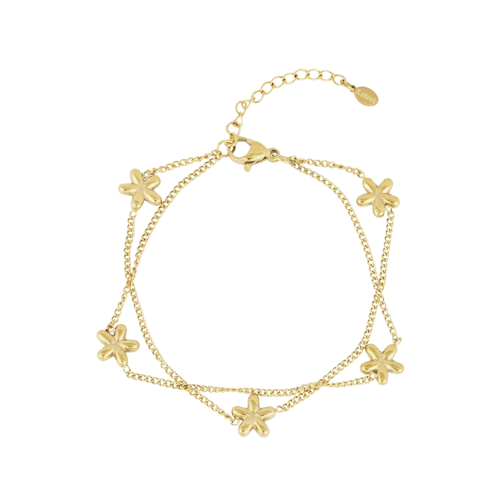Goudkleurige roestvrijstalen armband met dubbele ketting en kleine madelief bedels – waterproof en nikkelvrij.