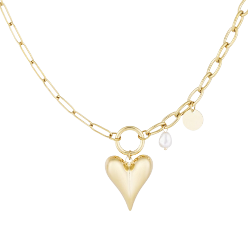 Devotion ketting met grove schakels, een goudkleurige hartvormige hanger, subtiele parel en ronde bedel voor een stoere en romantische uitstraling