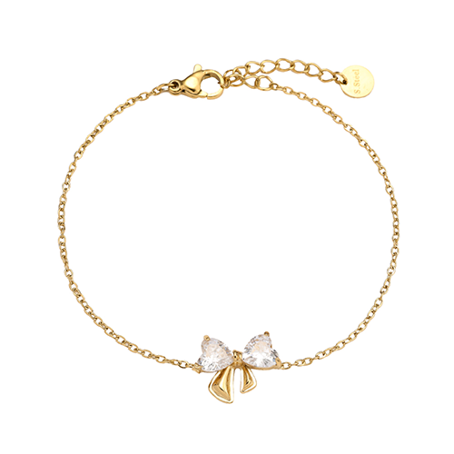 Goudkleurige armband met fonkelende hartvormige strik en verstelbare sluiting – Diamond Strik Armband voor dames