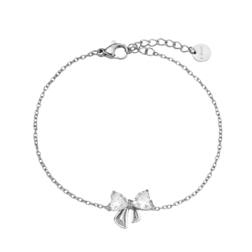 Zilverkleurige armband met fonkelende hartvormige strik en verstelbare sluiting – Diamond Strik Armband voor dames