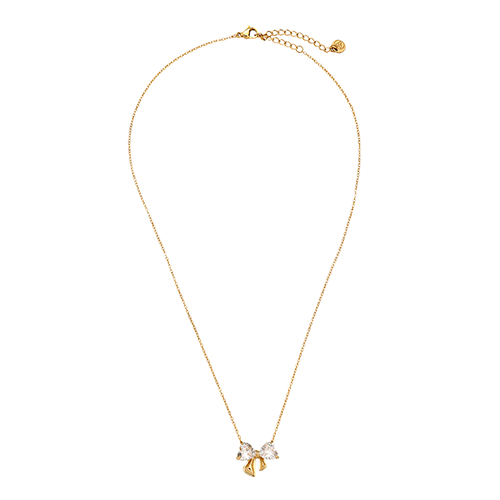 Goudkleurige ketting met elegante strik en fonkelende hartvormige zirkonia’s – Diamond Strik Ketting voor dames - van roestvrij staal