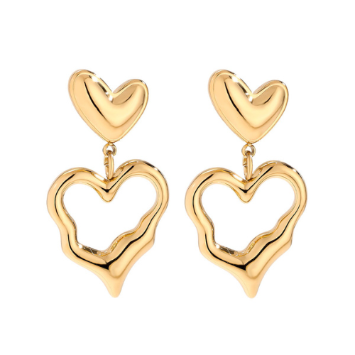 Goudkleurige Dripping Love Oorbellen met dubbele hartvorm en vloeiend design voor een romantische en glamoureuze uitstraling