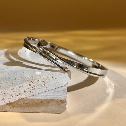 Zilverkleurige spijkervormige gesloten bangle met zirkonia steentjes in het zonlicht