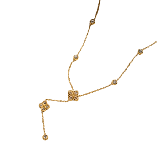 Goudkleurige stainless steel Y-ketting met zirkonia steentjes en klavers ingelegd met zirkonia – elegante en verfijnde damesketting