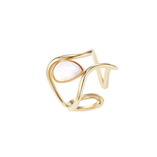 Goudkleurige verstelbare ring met melkwitte steen - van stainless steel