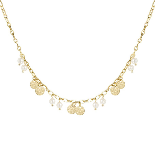 Trendy goudkleurige ketting van stainless steel met munten en parels, perfecte accessoire voor elke outfit