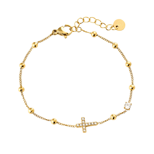 Goudkleurige Faith armband met een elegant kruisje en glinsterende zirkonia steentjes – stijlvolle damesarmband van roestvrij staal