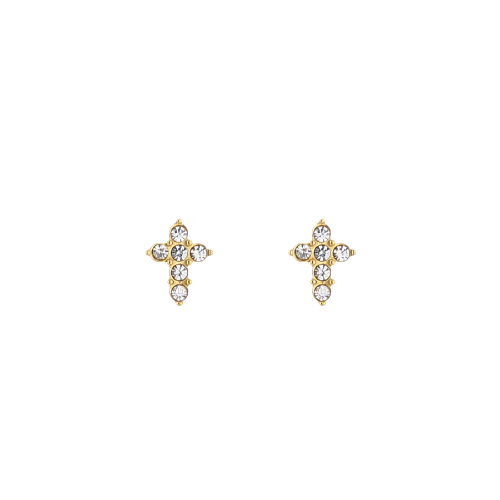 Faith Studs goudkleurige oorstekers met kruisvorm en fonkelende steentjes, gemaakt van stainless steel en zirkonia