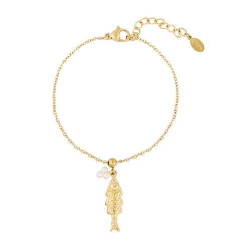 Goudkleurige Fishy Armband met visbedel en pareltjes – elegante damesarmband van roestvrij staal