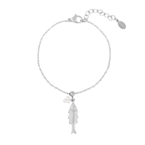 Zilverkleurige Fishy Armband met visbedel en pareltjes – elegante damesarmband van roestvrij staal