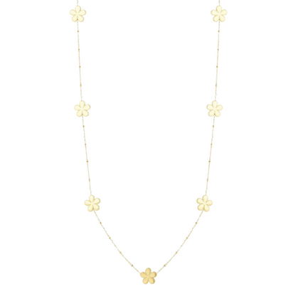 Flora Line Chain lange goudkleurige ketting met meerdere bloemhangertjes voor een elegante en vrouwelijke uitstraling