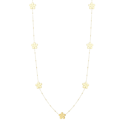 Flora Line Chain lange goudkleurige ketting met meerdere bloemhangertjes voor een elegante en vrouwelijke uitstraling