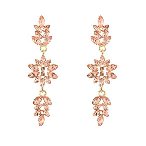 Goudkleurige lange statementoorbel van roestvrij staal met roze crystal, ideaal voor feestelijke gelegenheden.