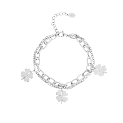 Zilverkleurige Fortune Chain armband van roestvrij staal met dubbele schakels en drie klavertjevier bedels – stijlvolle damesarmband voor dagelijks geluk en trendy look