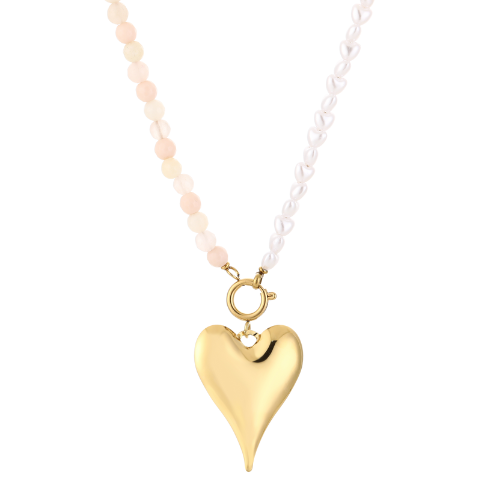 Harmony Ketting met witte en beige kralen en goudkleurige hartbedel voor een elegante en romantische uitstraling