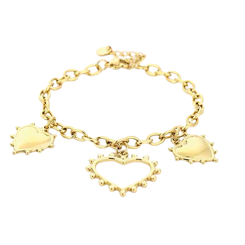 Liggende gouden RVS schakelarmband met grote hartjesbedels – speelse en romantische uitstraling.