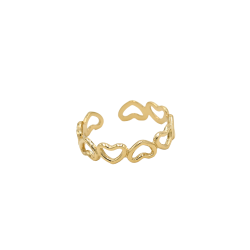 Goudkleurige open ring met een speels patroon van opengewerkte hartjes – verstelbaar design, ideaal voor een romantische look.