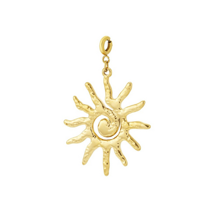 Gouden chunky bedel in de vorm van een stralende zon, met brede zonnestralen en een glanzend, ontworpen als opvallende charm voor een chunky ketting