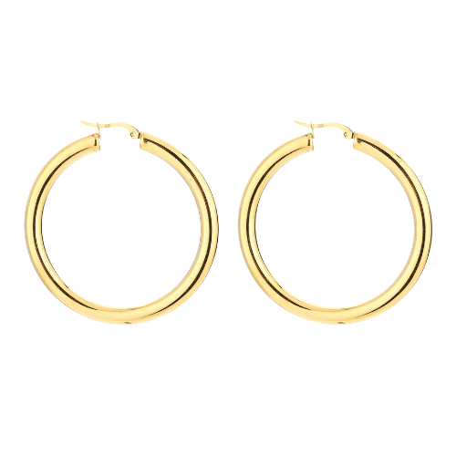 Goudkleurige Icon Hoops van 5 cm – elegante grote oorringen met tijdloos design, weergegeven op witte achtergrond