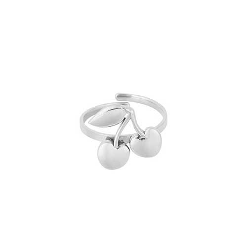 Verstelbare zilverkleurige roestvrijstalen ring met kersjes, fruitig design voor dames.