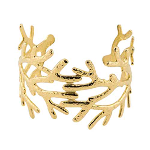 Grote goudkleurige RVS bangle in koraalvorm – statement piece voor strandoutfits en vakanties.