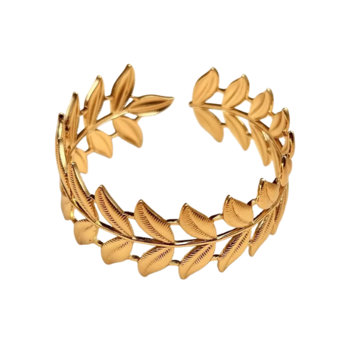 Een goudkleurige verstelbare bangle van stainless steel in de vorm van een tak met bladeren - stijlvolle damesarmband