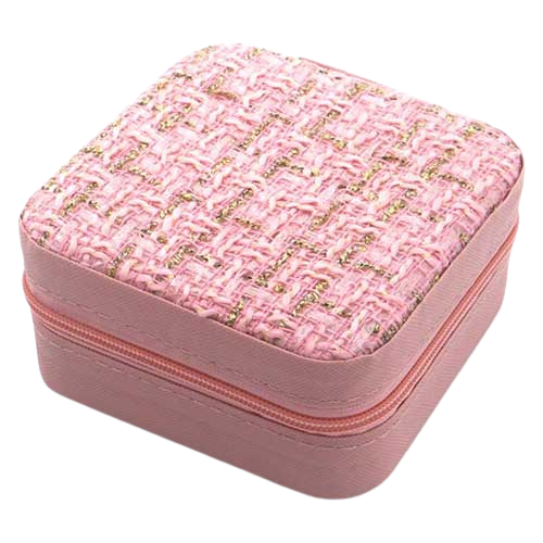 Roze sieradendoosje met geweven deksel van roze en gouden draden.