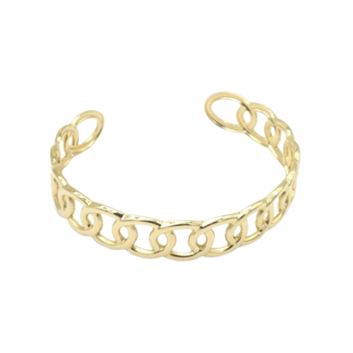 Goudkleurige open bangle armband met schakeldesign van roestvrij staal, minimalistische en elegante stijl voor dames