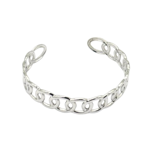 Zilverkleurige open bangle armband met schakeldesign van roestvrij staal, moderne en tijdloze sieradenstijl voor dames