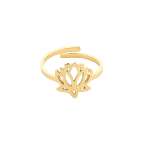 Goudkleurige verstelbare ring met opengewerkt lotusdesign – spiritueel en elegant sieraad van roestvrij staal.