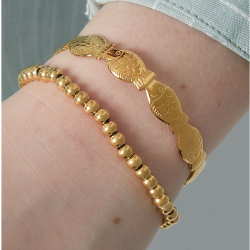 Goudkleurige armband met 5 mm kralen - gecombineerd met een fishy bangle - roestvrij staal
