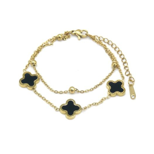 Goudkleurige dubbele armband met drie zwarte klaverbedels en bolaccenten, verstelbare sluiting voor een elegante en luxe uitstraling