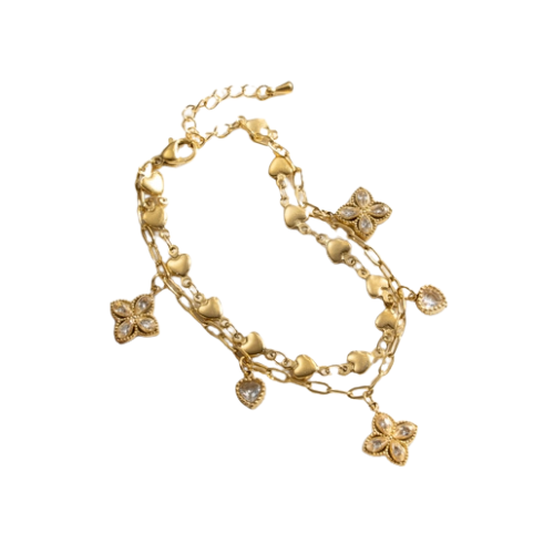 Goudkleurige dubbele armband met hartjes, schakels, zirkonia klavers en hartjes 