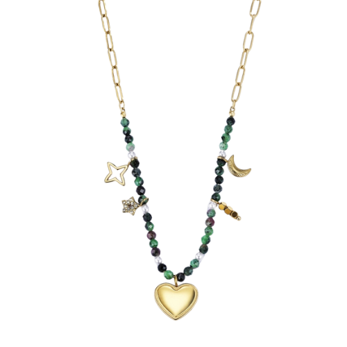 Goudkleurige fijne schakelketting met groen en bruine glaskralen en kosmisch hartjes thema - speelse damesketting