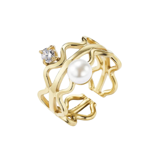 Goudkleurige stainless steel ring met zirkonia en parel - verstelbare ring