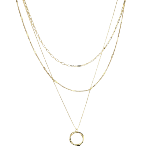 Goudkleurige, drielaagse ketting met een mooie cirkelvormige hanger - stijlvolle, minimalistische damesketting