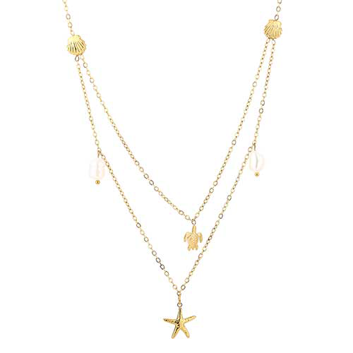 Goudkleurige RVS tweelaagse ketting met zeester, schildpad, schelpen en parels – beachy minimalistisch sieraad voor zomerse outfits.