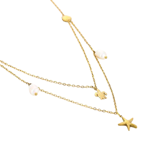 Goudkleurige tweelaagse roestvrijstalen ketting met bedels van een zeester, schildpad aangevuld met schelpen en parels – beachy ketting voor zomerse outfits.