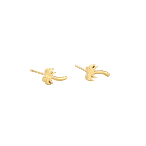 Set goudkleurige palmboom oorbellen liggend weergegeven – kleine tropische studs met beachy vibes.