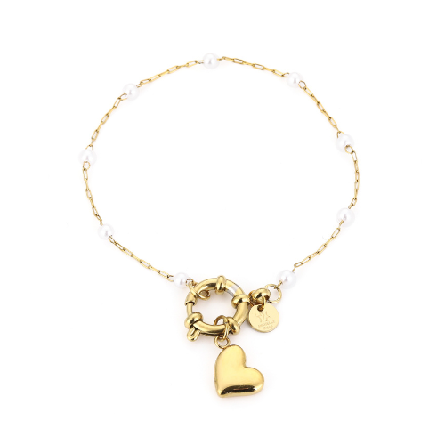 Pearl Lock Armband met goudkleurige schakels, subtiele pareltjes en hartbedel voor een elegante en romantische look