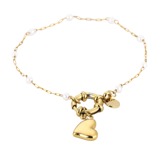 Pearl Lock Armband met goudkleurige schakels, subtiele pareltjes en hartbedel - opent met een slotsluiting - van roestvrij staal en een leuk setje met de Pearl Lock Ketting