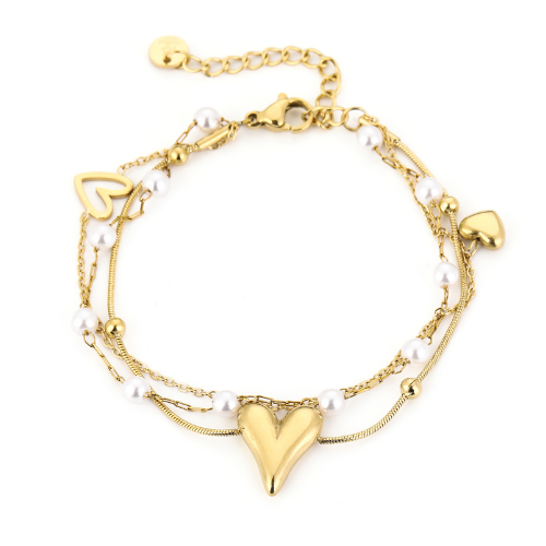 Goudkleurige Pearl Love Armband met hartjes en parels – elegante damesarmband voor een romantische en tijdloze look