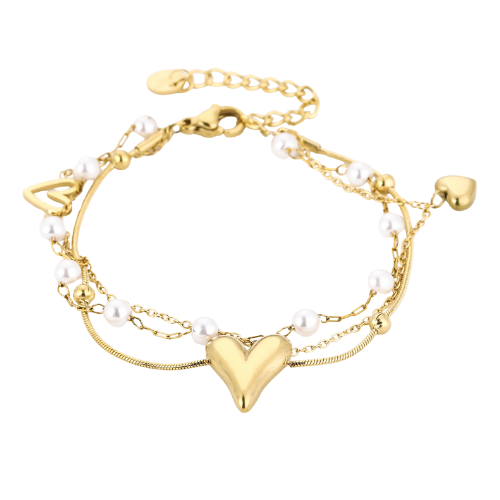 Drielaagse armband met parels, bolletjes en hartjesbedeltjes voor een speelse, toch romantische uitstraling - van Stainless Steel