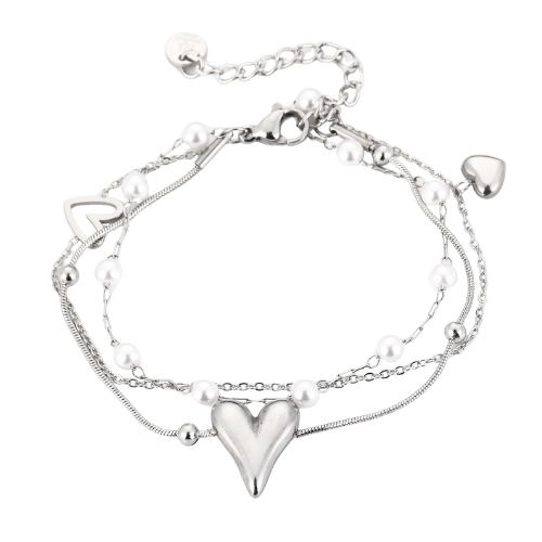 Zilverkleurige Pearl Love Armband met hartjes en parels – elegante damesarmband voor een romantische en tijdloze look