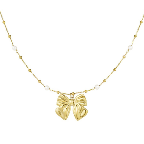 Goudkleurige parelketting met elegante strikhanger – romantische en verfijnde damesketting met subtiele pareldetails