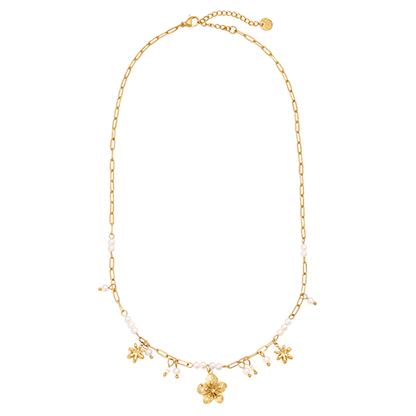 Goudkleurige Pearly Flower ketting met bloemenhangers en parels – elegante all-season damesketting met tijdloos design